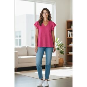 Adrianna Papell Coquette Pink Dotted Blouse | Romantic Ruffle Sleeve M